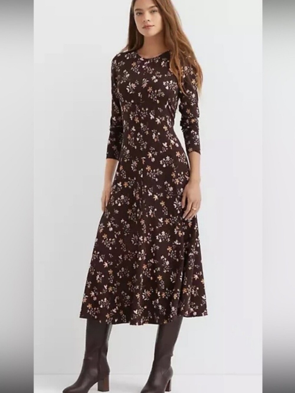 LOFT Floral Crewneck Jersey Midi Maxi Dress Brown Long Sleeve Modest Women's S